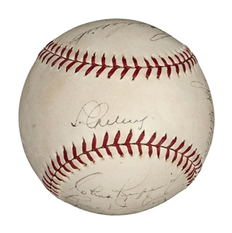1938 Monte Pearson No-Hitter Game Ball, signed and Inscribed by Pearson and 9 other Yankees, including Gehrig & DiMaggio  (JSA)